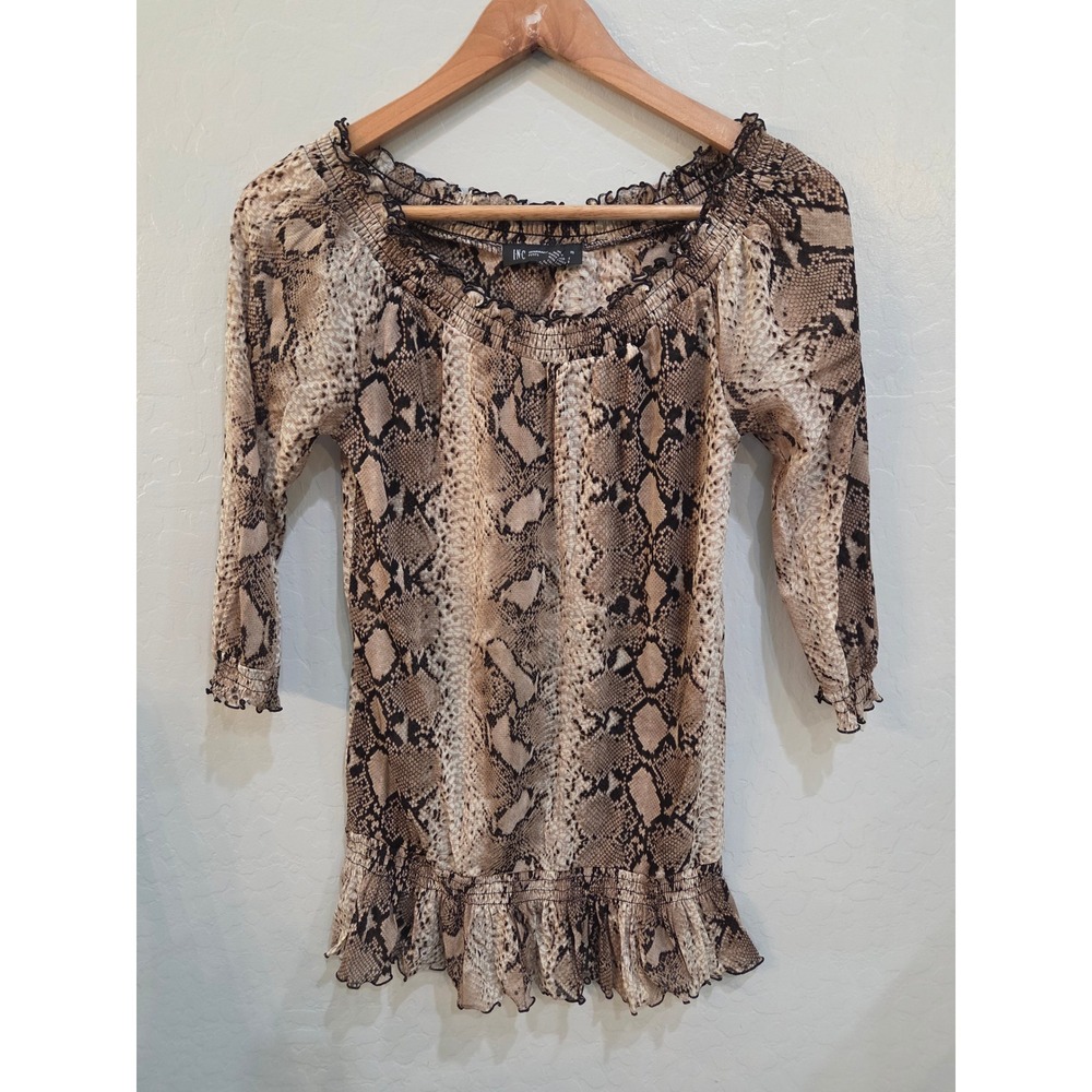 INC International Concepts Petite Snake Print Smocked Peplum Top Brown Neutral P